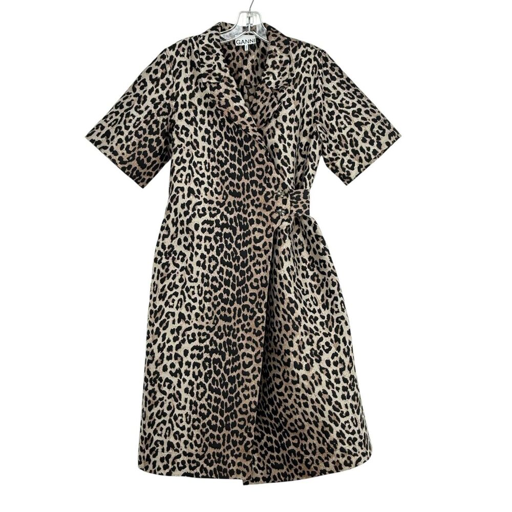 GANNI Leopard Printed Cotton Poplin Midi Dress Size 34 US 2